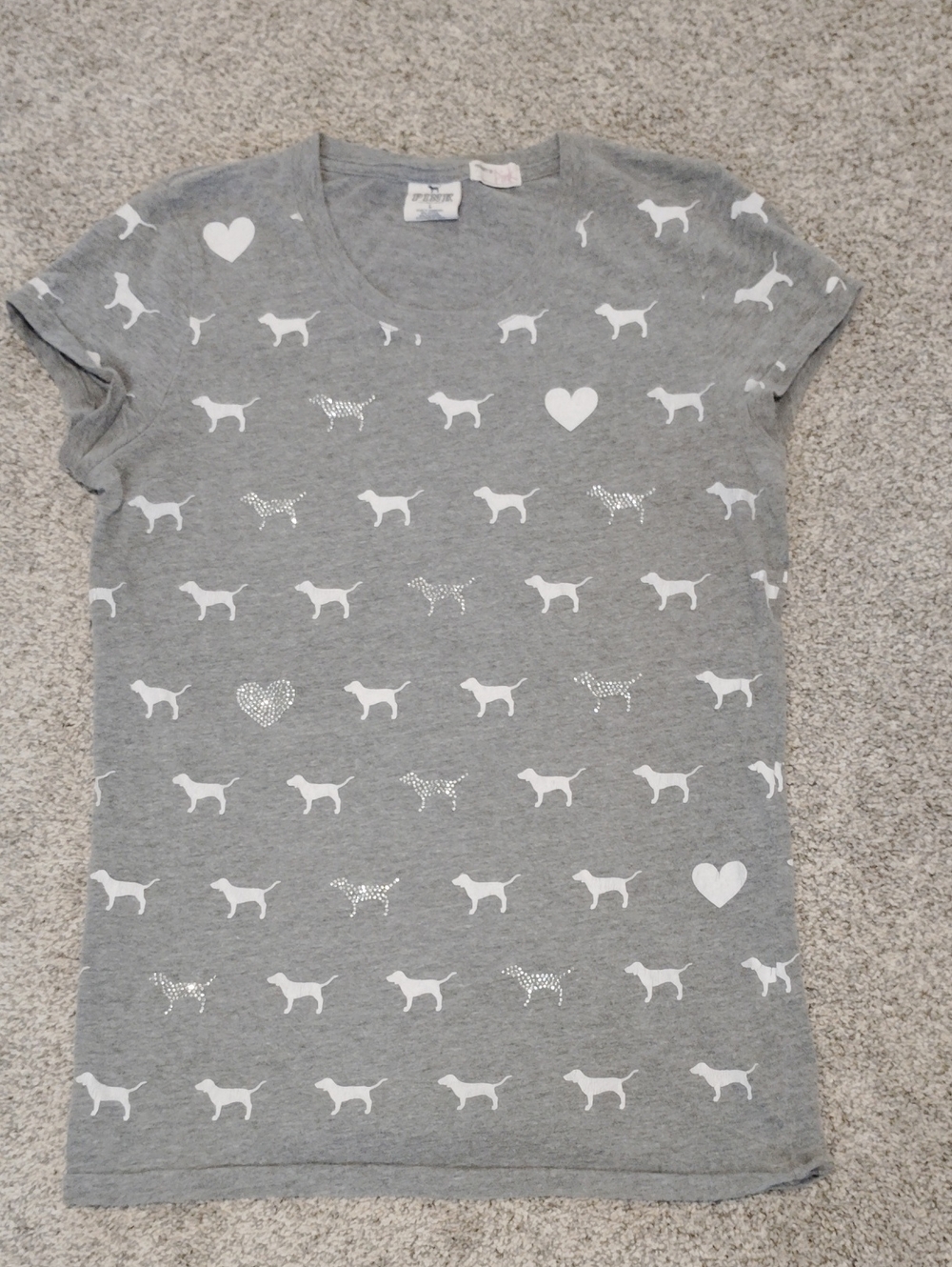 PINK Victoria's Secret Grey Tee with White Bling Dog & Heart Print